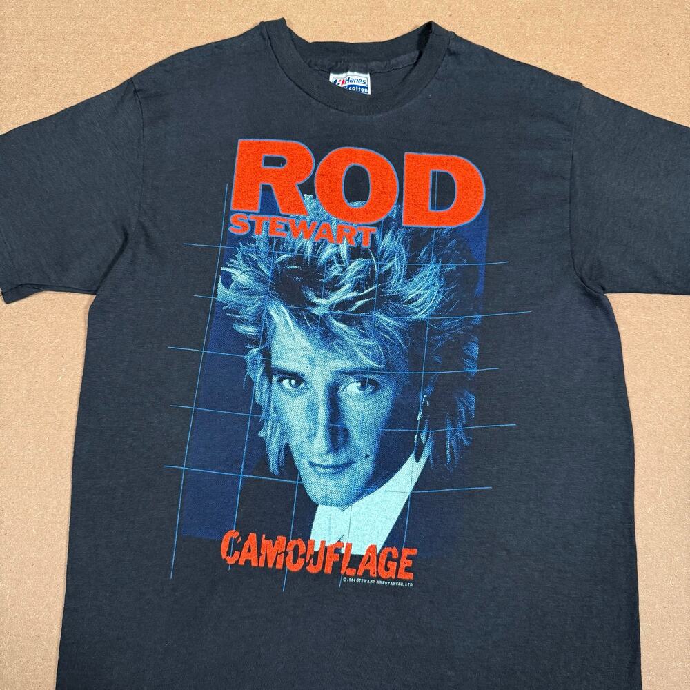 Vintage 1984 Rod Stewart Camouflage Tour Shirt Single Stitch 80s Fits like Small - Picture 3 of 7